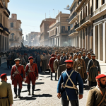 ** A bustling port city (Montevideo) during a siege in the early 19th century. Show crowded streets with people queuing for scarce food and water. Spanish soldiers patrol, and damaged buildings from attacks are visible. Focus on the resilience and hope in the faces of the civilians.

**