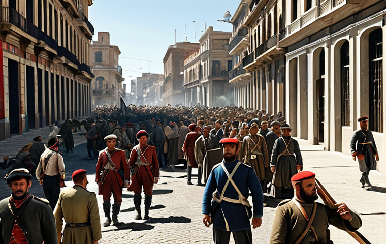 ** A bustling port city (Montevideo) during a siege in the early 19th century. Show crowded streets with people queuing for scarce food and water. Spanish soldiers patrol, and damaged buildings from attacks are visible. Focus on the resilience and hope in the faces of the civilians.

**