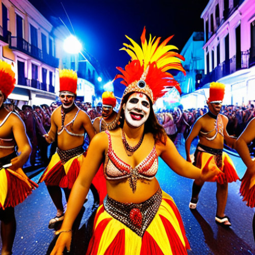**Image Prompt 1:** A dynamic and vibrant street parade scene from the Montevideo Carnival at night. Focus on elaborately costumed Candombe drummers and dancers moving with intense energy, their colorful attire and joyful expressions illuminated by festive, dynamic lights. Interspersed amongst them are Murga performers with unique, vivid face paint and intricate costumes, conveying both humor and deep cultural meaning through their presence. The atmosphere is electric, capturing the unique blend of music, dance, and satirical art that defines Uruguay's longest carnival. Emphasize the long duration and unique cultural expression. (Street photography, high detail, vivid colors, motion blur optional for dynamism).