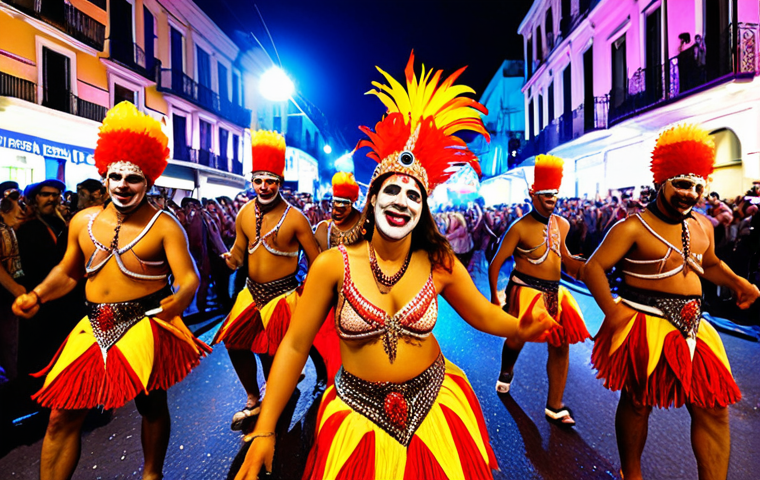 **Image Prompt 1:** A dynamic and vibrant street parade scene from the Montevideo Carnival at night. Focus on elaborately costumed Candombe drummers and dancers moving with intense energy, their colorful attire and joyful expressions illuminated by festive, dynamic lights. Interspersed amongst them are Murga performers with unique, vivid face paint and intricate costumes, conveying both humor and deep cultural meaning through their presence. The atmosphere is electric, capturing the unique blend of music, dance, and satirical art that defines Uruguay's longest carnival. Emphasize the long duration and unique cultural expression. (Street photography, high detail, vivid colors, motion blur optional for dynamism).